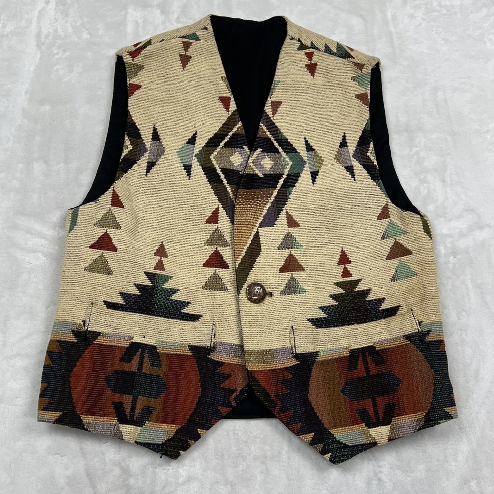 Unbranded Tapestry Vest Mens Small Tan Southwestern Aztec Geometric Woven